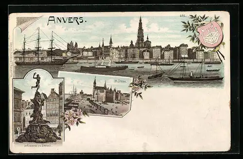 Lithographie Anvers, Panorama, Le Steen, La Fontaine de Brabo