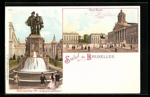 Lithographie Brüssel / Bruxelles, Place Royale, Monument des Ctes