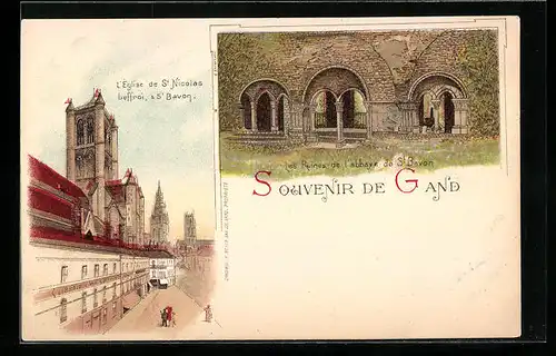 Lithographie Gand, Les Ruines de l`abbaye de St Bavon, L`Église de St. Nicolas beffroi & St Bavon
