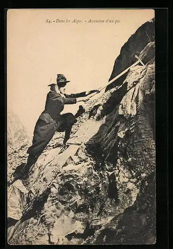 AK Dans les Alpes, Ascension d`un pic, Frau beim Aufstieg mit Spitzhacke, Bergsteigen