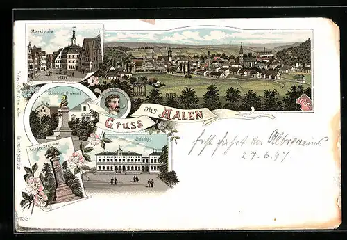 Lithographie Aalen, Kriegerdenkmal, Bahnhof, Schubart-Denkmal, Marktplatz