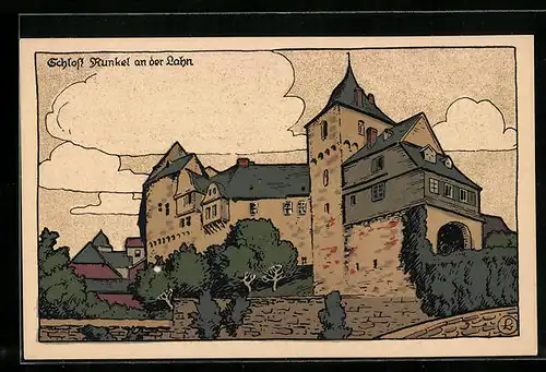 Steindruck-AK Runkel, Schloss Runkel an der Lahn