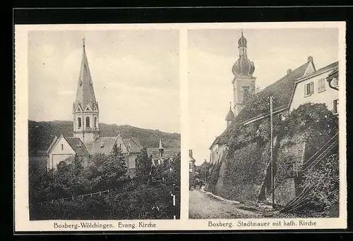 AK Boxberg-Wölchingen, Evang. Kirche, Stadtmauer mit kath. Kirche