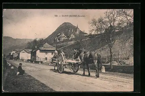 AK Saint-Jeoire, Landstrasse mit Wagen am Ortseingang