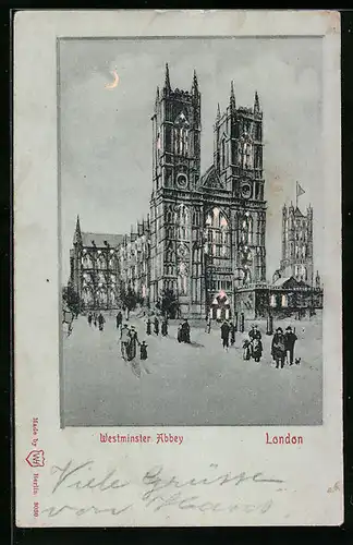 Mondschein-AK London, Westminster Abbey mit Passanten, Halt gegen das Licht