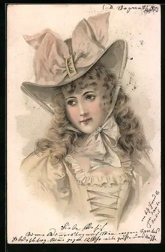 Lithographie Junge Dame mit grossem Schleifenhut, Jugendstil