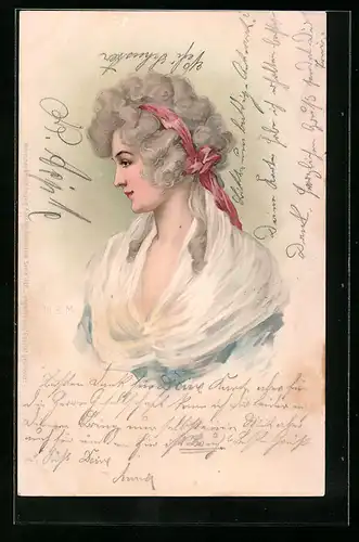 Lithographie Junge Dame mit rotem Haarband, Jugendstil