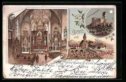 Lithographie Maria-Enzersdorf, Schloss Liechtenstein, Kirchenansicht, Blick auf den Altar