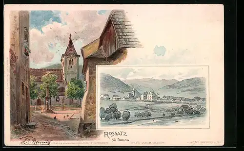 Lithographie Rossatz a / d. Donau, Teilansicht, Ortspartie mit Kirche