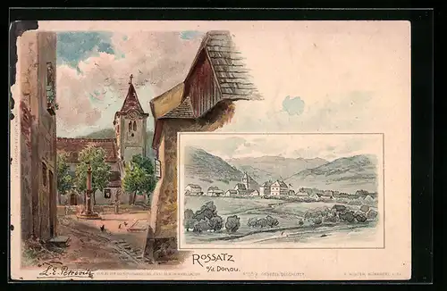 Lithographie Rossatz a / d. Donau, Teilansicht, Ortspartie mit Kirche