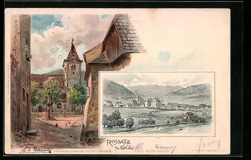 Lithographie Rossatz a / d. Donau, Teilansicht, Ortspartie mit Kirche
