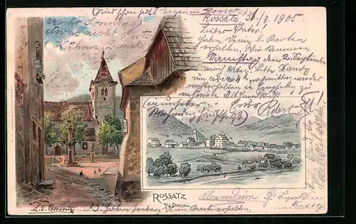Lithographie Rossatz a / d. Donau, Teilansicht, Ortspartie mit Kirche