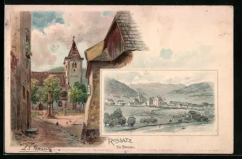 Lithographie Rossatz a / d. Donau, Teilansicht, Ortspartie mit Kirche