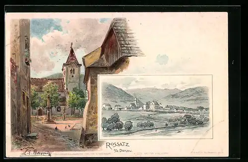 Lithographie Rossatz a / d. Donau, Teilansicht, Ortspartie mit Kirche