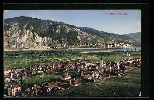 AK Rossatz, Totalansicht mit Dürrnstein und Donau