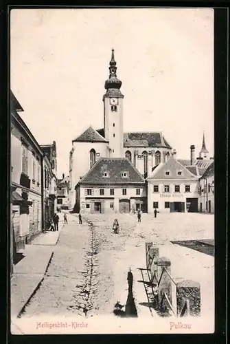 AK Pulkau, Heiligenblut-Kirche mit Geschäften