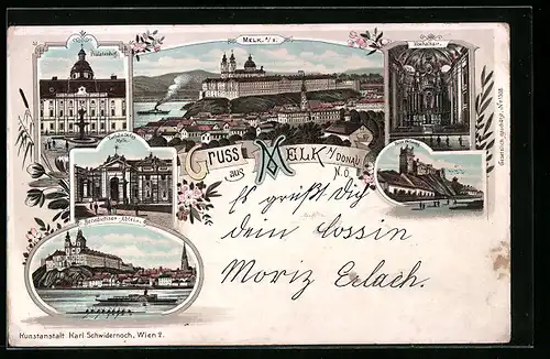 Lithographie Melk a. Donau, Teilansicht mit Stift, Hochaltar der Stiftskirche, Prälatenhof