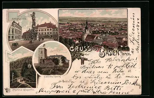 Lithographie Baden, Eisernes Tor, Cholera-Kapelle, Hauptplatz