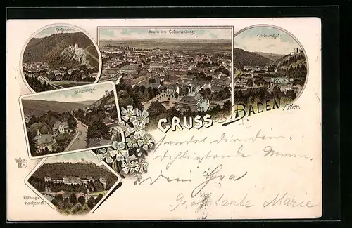 Lithographie Baden, Weilburg und Rauheneck, Helenenthal, Rauhenstein