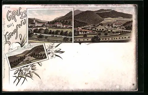 Lithographie Lilienfeld, Panorama, Schloss Berghof, Ortspartie