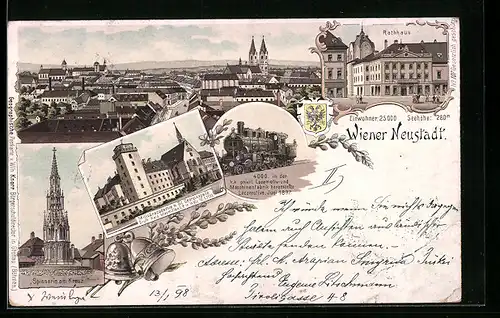 Lithographie Wiener Neustadt, Militärakademie mit St. Georgskapelle u. Gruft Kais. Maximilian I., Spinnerin am Kreuz