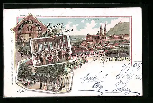 Lithographie Klosterneuburg, Innenansicht Gasthaus Stiftskeller, Veranda mit Saal, Fasselrutschen