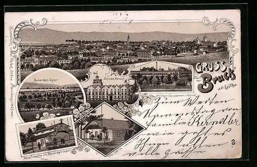 Lithographie Bruck a. d. Leitha, Schloss Karach, Barackenlager, Hauptwache