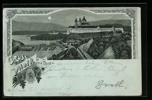 Mondschein-Lithographie Melk a. d. Donau, Panorama mit Stift Melk