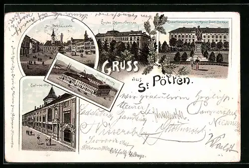 Lithographie St. Pölten, Hotel-Pittner, Einquartierungshaus mit Kaiser Josef-Denkmal, Landes Lehrer-Seminar