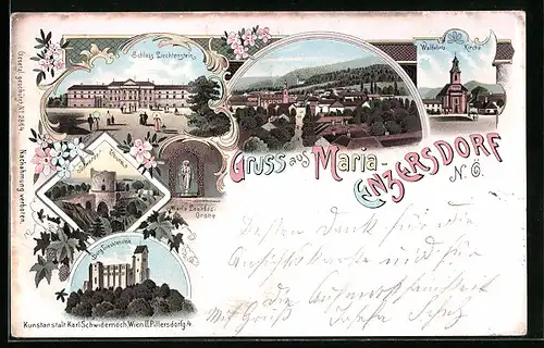 Lithographie Maria-Enzersdorf, Schloss Liechtenstein, Burg Liechtenstein, Schwarzer Turm