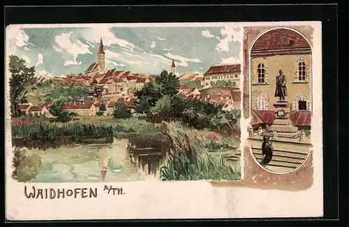 Lithographie Waidhofen a. Th., Uferpartie mit Kirche, Denkmal