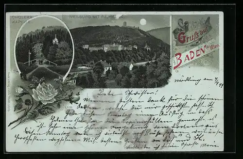 Mondschein-Lithographie Baden b. Wien, Cholera-Kapelle, Weilburg