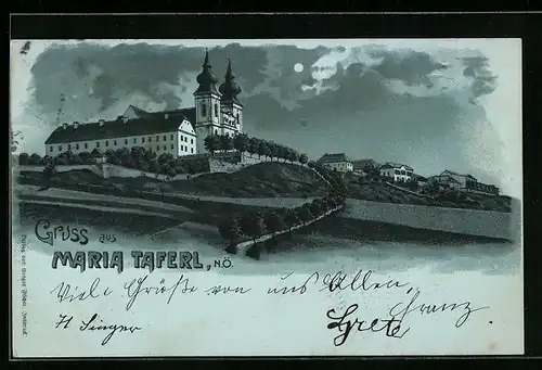 Mondschein-Lithographie Maria Taferl, Ortsansicht, Wallfahrtskirche