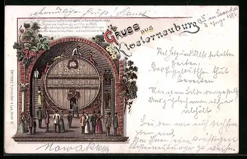Lithographie Klosterneuburg, Stiftskeller, Fassl-Rutschen, D`Germanen hab`n einst wie`s im Buch drinnen steht...