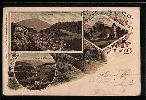 Lithographie Schottwien / Semmering, Ortsansicht aus der Vogelschau, Station Klamm