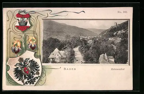 Passepartout-Lithographie Baden, Ortsansicht im Helenenthal, Wappen