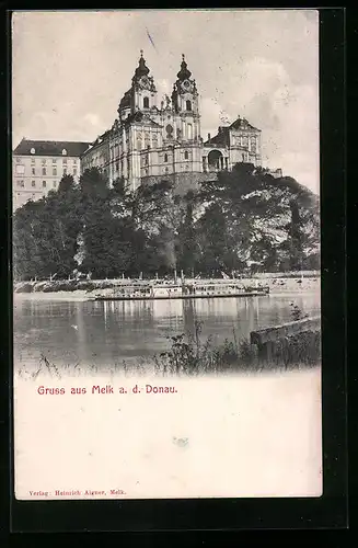 AK Melk a. d. Donau, Blick auf Stift mit Dampfer