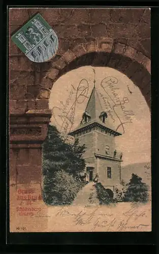 AK Bruck a. M., Schlossbergturm mit Wappen