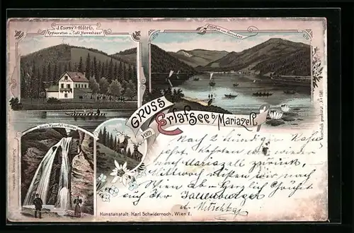 Lithographie Erlafsee, Restauration und Café Herrenhaus von J. Czerny, Marien-Wasserfall