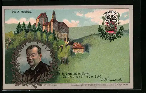 AK St. Lorenzen, Die Sestenburg und Porträt A. Schwinger