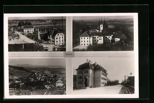 AK Spielfeld, Ortsansichten, Kirche, Tankstelle