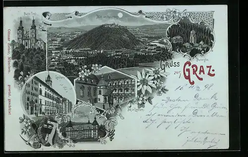 Lithographie Graz, Blick vom Rainerkogel, Landhaus, Maria Trost
