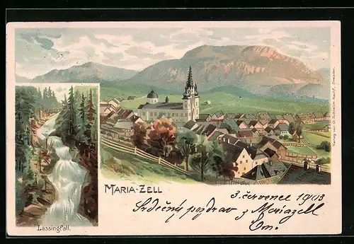 Lithographie Maria-Zell, Ortsansicht mit Lassingfall