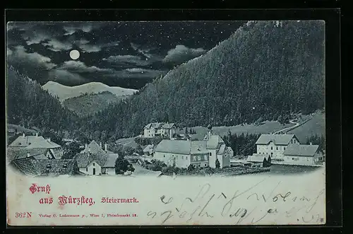 Mondschein-AK Mürzsteg, Ortsansicht aus der Vogelschau