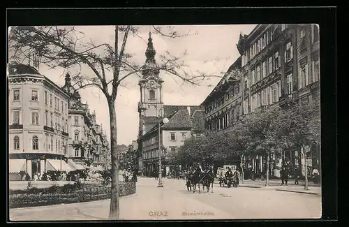 AK Graz, Bismarckplatz mit Geschäften und Pferdewagen
