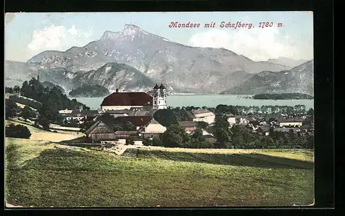 AK Mondsee, Ortsansicht mit See und Schafberg