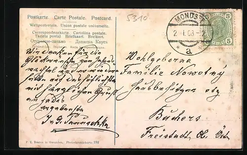 AK Mondsee, Ortsansicht mit See und Schafberg