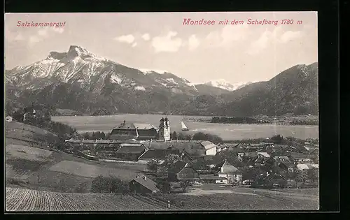AK Mondsee, Gesamtansicht mit Schafberg aus der Vogelschau