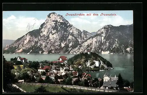 AK Traunkirchen, Gesamtansicht mit Bergpanorama aus der Vogelschau