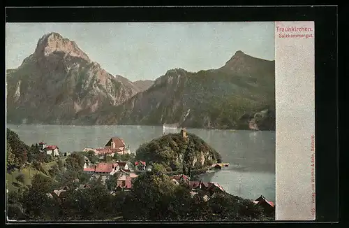 AK Traunkirchen, Gesamtansicht mit Bergpanorama von oben